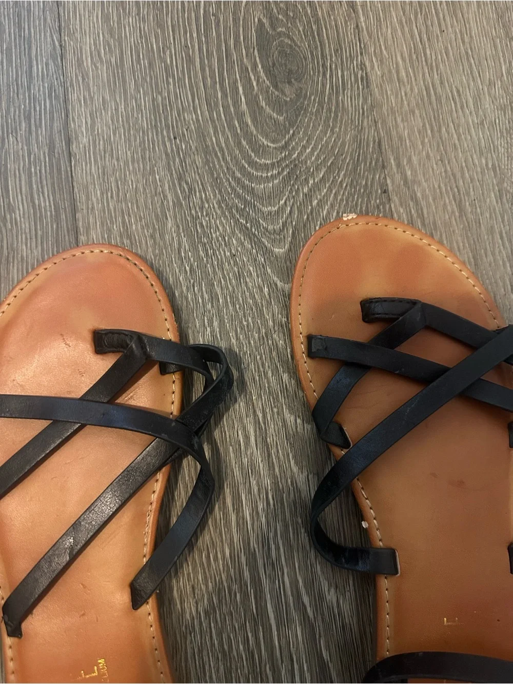 Women’s Black Strappy Lace-Up Flat Sandals with Tan Footbed